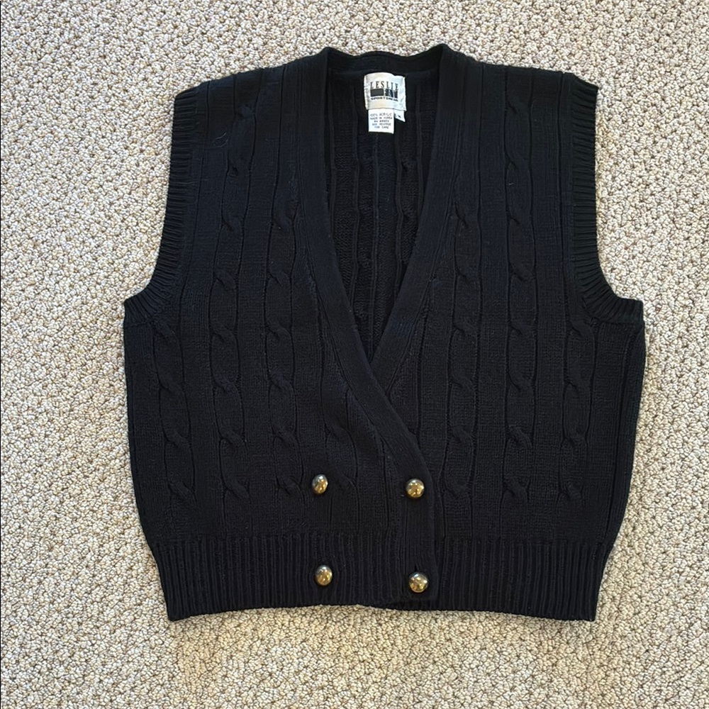 Leslie Fay Black Cable Knit V-Neck Sweater Vest